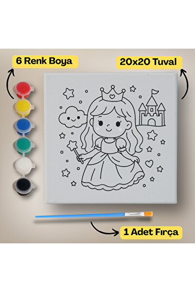 hediye hobim 20x20 Çocuklar İçin Boyama Tuvali Seti – 6 Renk Boya + Fırça Dah...