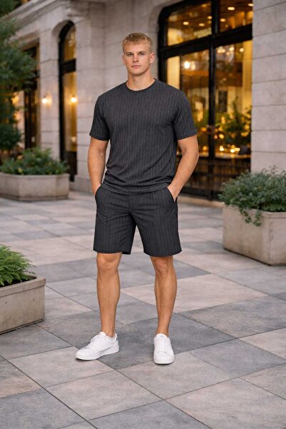 BRLKN Men's Stripe Detailed Crew Neck Crepe T-Shirt Shorts Set