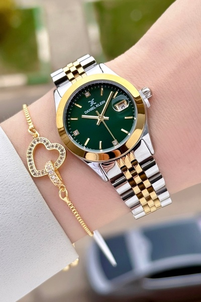 Daniel Klein Dial Green Code Gold Silver Color 30 mm Women Wrist Watch and Br...