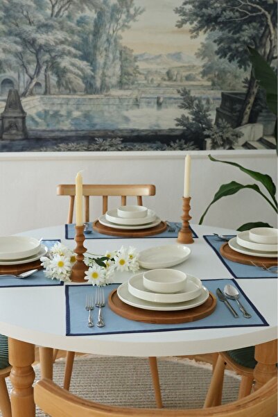 Yakacihome 2-Pack Pera Blue Piped Detail Duck Linen Supla Placemat I