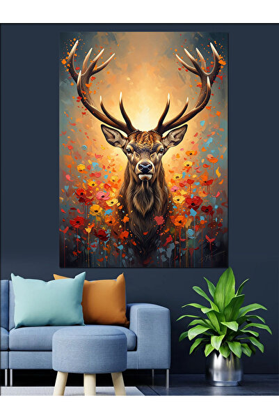 Artmeg Pânză decorativă cu portret modern de cerb cu flori colorate - Tablou ...