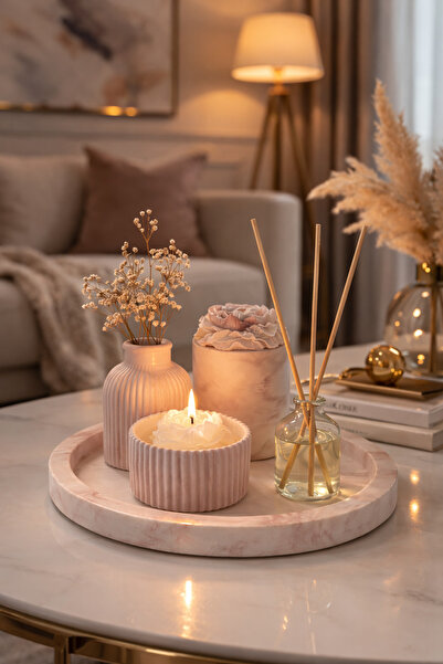 Sirius Atelier Dekoratif 5’li Set Tepsi - Şakayık Mum - Çizgili Vazo - Oda Ko...