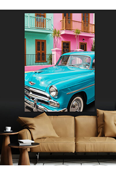 Artmeg Mașină albastră clasică în străzile Cuba - Tablou decorativ din lemn MDF