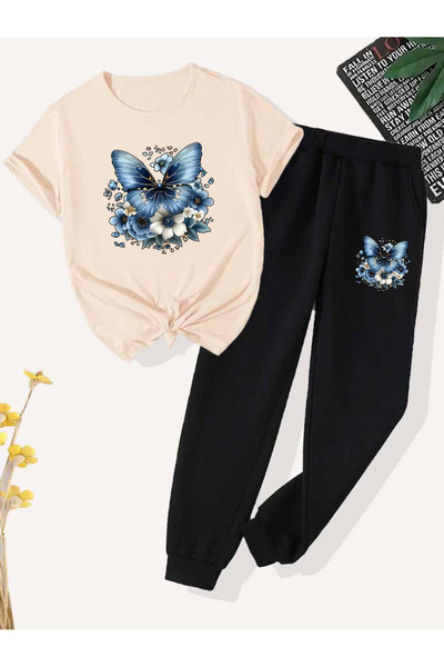 Rayan & Hoor Style Kelebek Printed tracksuit bottoms and t-shirt bottom top t...