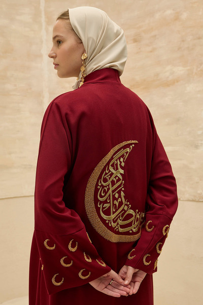ViadelAtelier Ramazan Kerim Yazılı Gold Hilal İşlemeli Geniş Kol Uzun Bordo A...