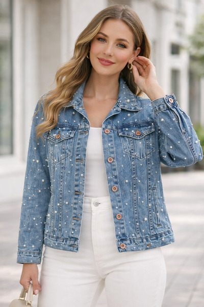 ESS BUTİK Kadın İncili Kot Ceket – Düğmeli, Günlük ve Şık Jean Ceket