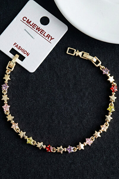 Modacaprea CM 14K Renkli Taşlı Yıldızlı Kadın Bileklik – 17+2 cm | Altın Renk...