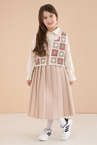 Cansın Mini Brown Floral Pattern Knitted Sweater, Shirt and Skirt 3-Piece Set...