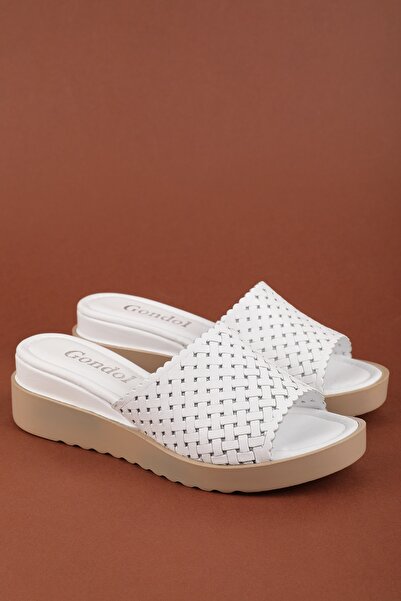 Gondol Genuine Leather Perforated Women's Casual Shoes Slipper Elnr.633 White