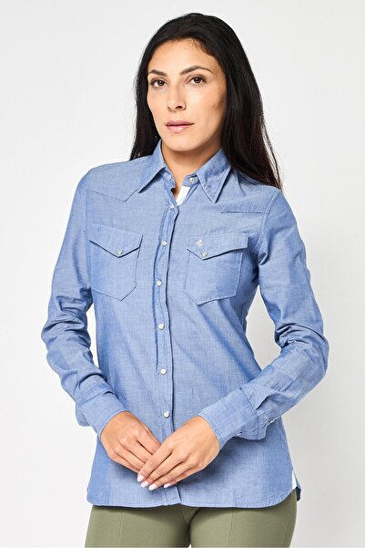 Ferrari Women Spread Collar Long Sleeve Brand Logo Shirt, Blue