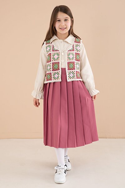 Cansın Mini Dark Pink Floral Pattern Knitted Sweater, Shirt and Skirt 3-Piece...