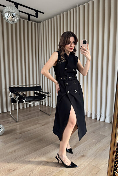 Sue Store Μαύρο φόρεμα με χρυσά κουμπιά στο μπροστινό μέρος, άνοιγμα με Ζώνη ...