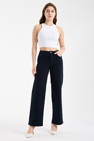 JUD Elena 150 High Waist Striped Navy Blue Wide Leg Pants for Women