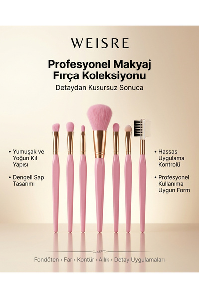 Profesyonel Makyaj Fırça Seti 7’li Pembe Ten Far Kontür Kaş Fırçası