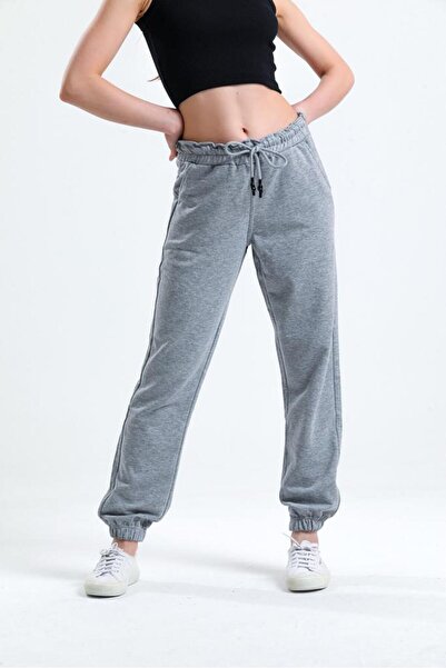 peralist Women's Gray Melange Seam Detail Pocketed Elastic Cuffed Tracksuit