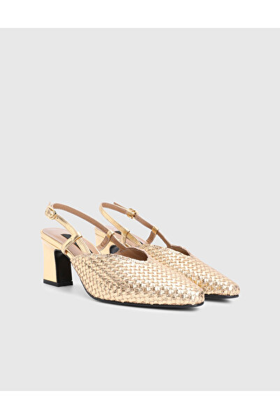 İLVİ Dorel Genuine Knitted Leather Gold Color Women's Heels Sandals