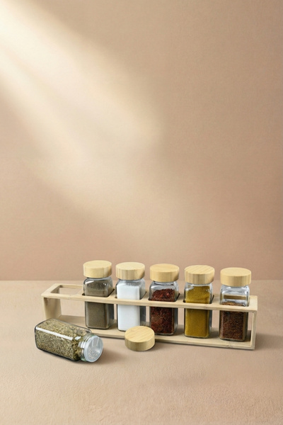 GÖNÜL Bambu Kapaklı 6’lı Kare Cam Baharatlık Seti, Bambu Standlı Baharat Kava...