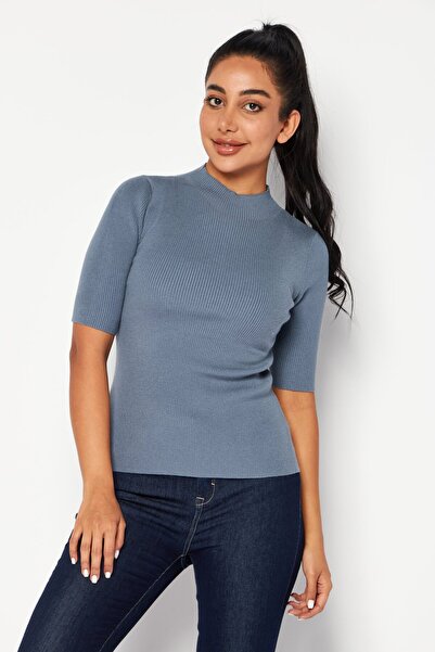 Philosophy Women Funnel Neck Elbow Sleeve Knitted Top, Petrol Blue