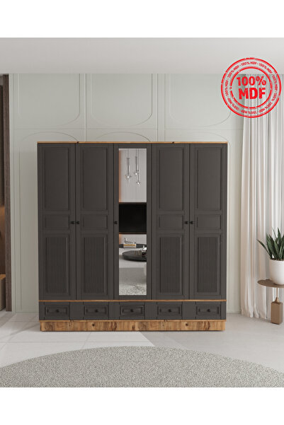 Teen & Bright NİL 5 KAPAKLI ÇEKMECELİ BAZALI GARDIROP - TAMAMI MDF