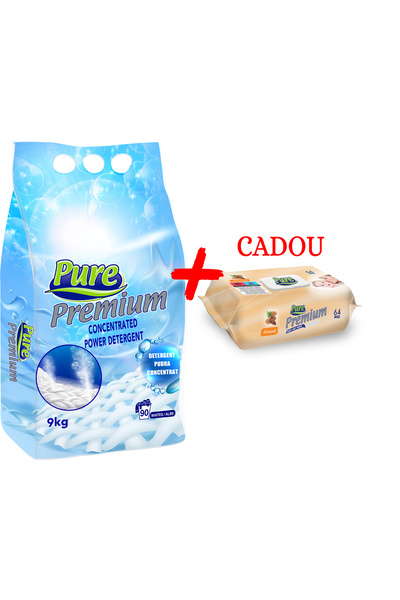Pure Powder Detergent 9kg White + Napkins 64 pcs Almond Gift