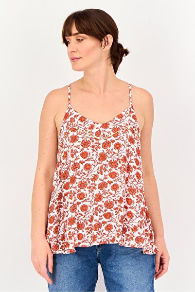 PROMOD بلوزة نسائية بدون أكمام بياقة على شكل حرف V وطبعة كاملة، أبيض/أحمر