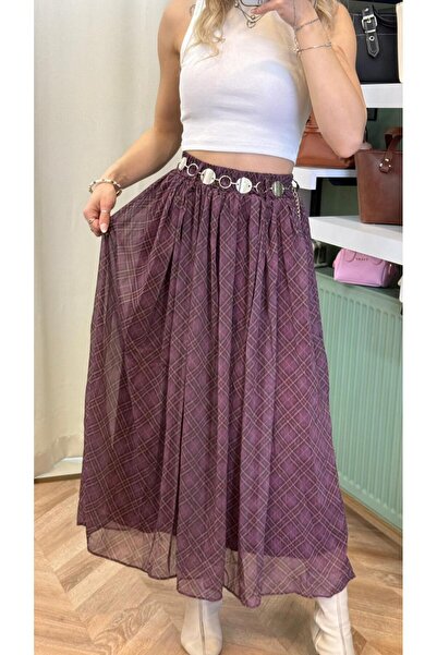 Kedi Fashion Ekose Desenli Piliseli Midi Boy Etek