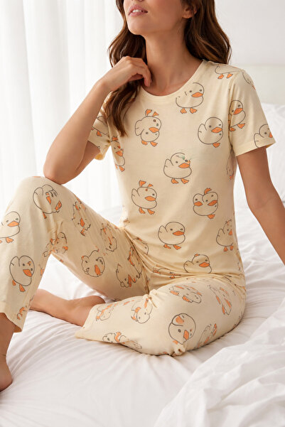 Kozik Women's Blue Printed Short Sleeve Pajama Set Summer Cotton Piece Top an...