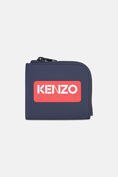 Kenzo Men Leather Brand Logo Mini Zipper Wallet, Navy