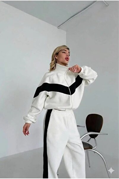 Butikcadde French Velvet Bone Zipper Paneled Tracksuit Set White