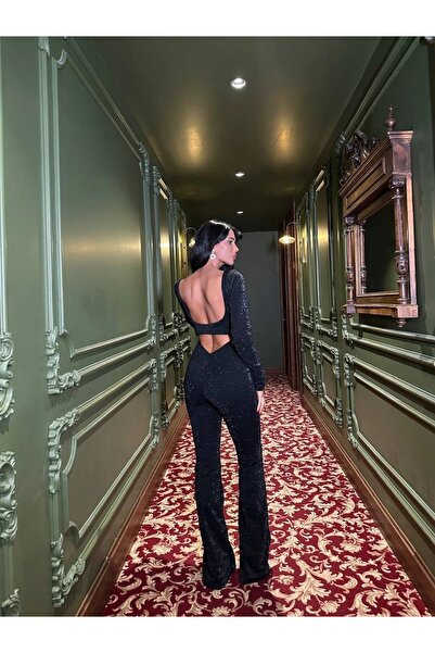 Butikcadde Glittery Scuba Fabric Back Detail Jumpsuit