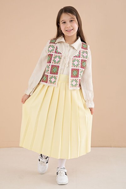 Cansın Mini Yellow Floral Pattern Knitted Sweater, Shirt and Skirt 3-Piece Se...