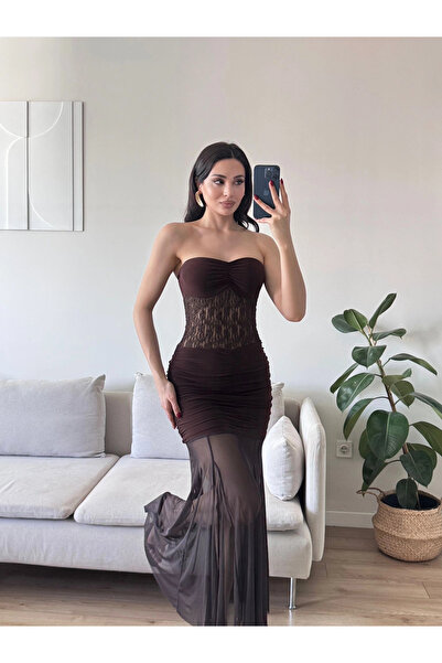 Zoom Butik Dantel Detay Straplez Elbise - KAHVE