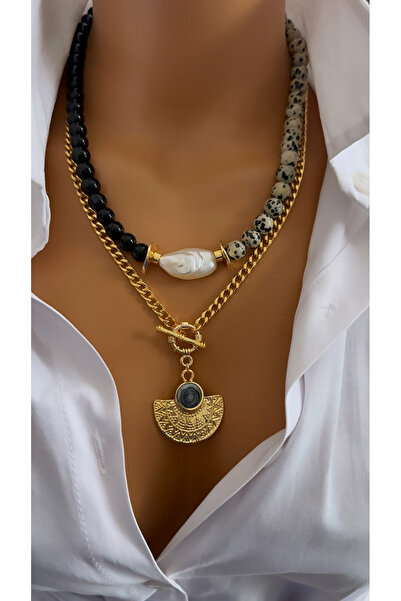 Nevaa Still Jasper Doğaltaş altın kaplama tasarım kolye set çoklu kolye set