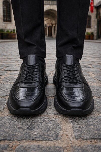 PATRICK CASSA Men's Black Leather Sports Shoes with Rubber Laces, Comfortable...