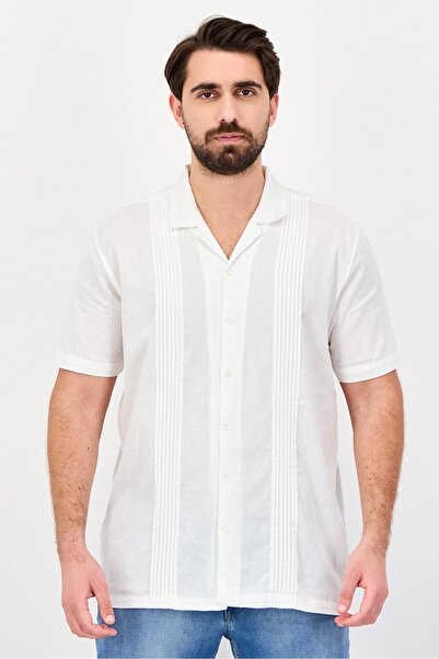 Threadbare Men Regular Fit Pleated Short Sleeve Casual Shirt, White