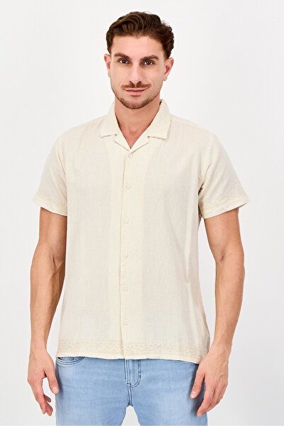Threadbare Men Regular Fit Embroidered Short Sleeve Casual Shirt, Beige
