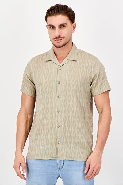 Threadbare Men Regular Fit Short Sleeve Textured Casual Shirt, Khaki