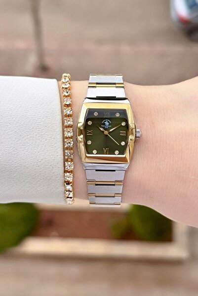 Santa Barbara Polo & Racquet Club Green Gold Metallic Color 2 Years Warranty 23.5 mm Women's Wristwatch and Bracelet