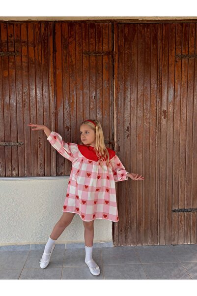 BONBONO KİDS Kız Çocuk Bayramlık Kalp desenli Kırmızı beyaz elbise