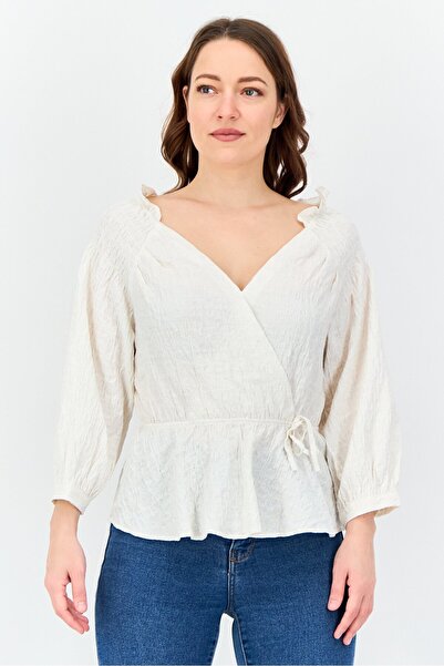 Salsa Women Surplice Neck Long Sleeve Textured Blouse, Ivory