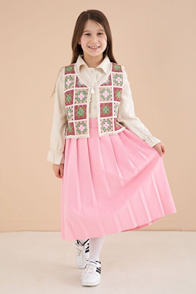Cansın Mini Pink Floral Pattern Knitted Sweater, Shirt and Skirt 3-Piece Set ...