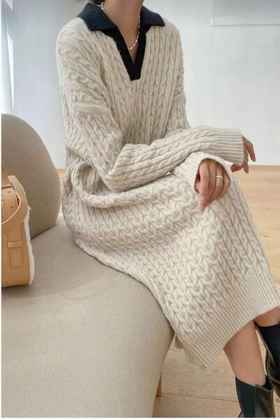 Cockatoo Rochie guler de cămașă tricotată pentru femei cu model lungime midi ...