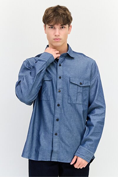 Thomas Pink قميص رجالي فضفاض بأكمام طويلة من قماش شامبراي، لون نيلي