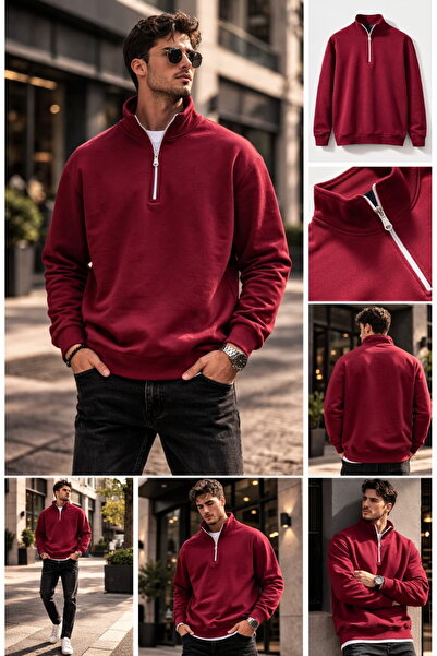 LAMASTRE Erkek Bordo Yarım Fermuarlı Dik Yaka Basıc Sweatshırt