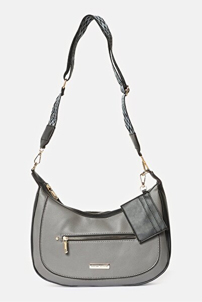 Adrienne Vittadini Women Hardware Logo Hobo Bag With Card Holder, Dark Grey