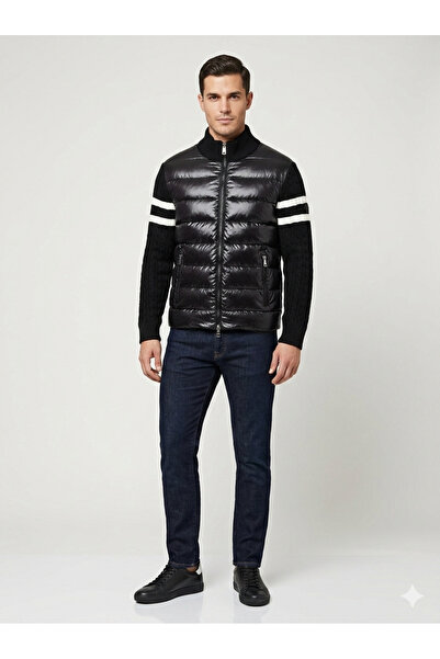 Allegro Erkek Siyah Şişme Mont Örgü Kol Detaylı Fermuarlı Mevsimlik Mont
