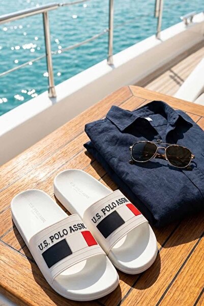 U.S. Polo Assn. Iconic Logo White Comfort Slide t Slipper - Beach and Pool Sl...