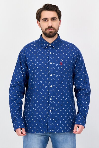 U.S. Polo Assn. Men Tailored Fit Allover Print Long Sleeve Casual Shirt, Navy