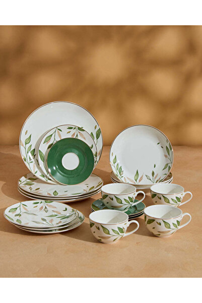 REDTAG طقم عشاء كوبيه أخضر مزين بالزهور مع حافة ذهبية (20 قطعة)