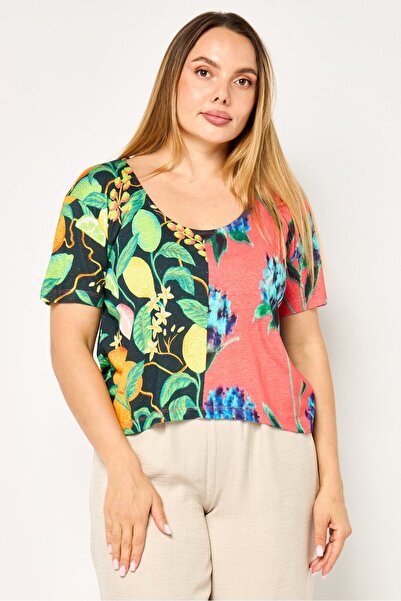 Desigual Women Round Neck Short Sleeves Floral Pattern Top, Multicolor